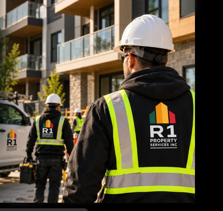 R1 team wearing hard hats and high-visibility uniforms at a residential property